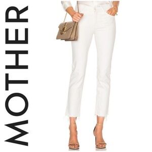 MOTHER White Cropped Raw-Hem Straight Jeans